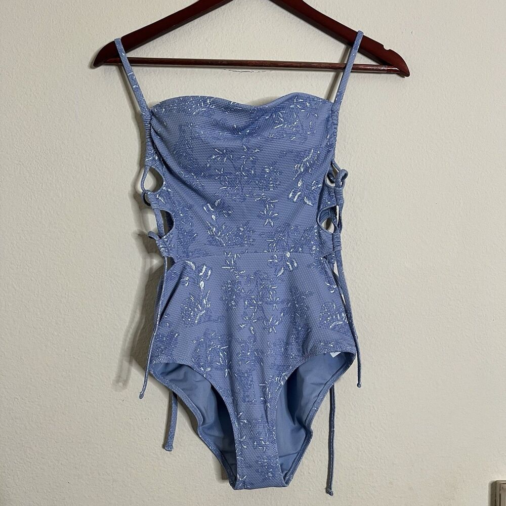Aerie One Piece Full Coverage Tropical Floral Tie Open Sides Blue Swimsuit SZ S